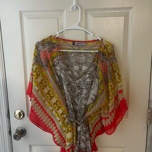 Jennifer Lopez Red and Gold Dolman Sleeve Blouse with Tie Front